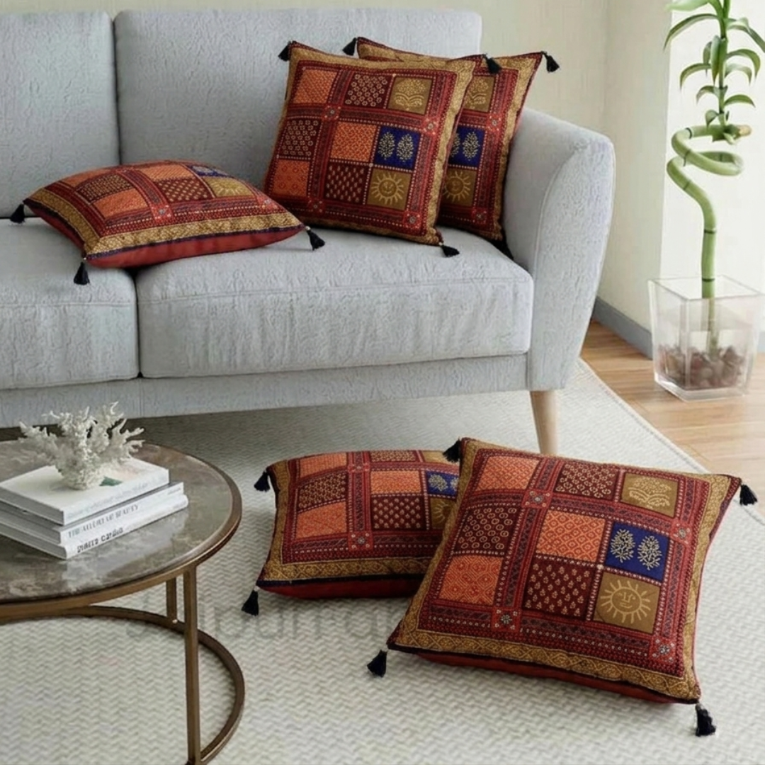 Multi Color Golden Block Print Cotton Cushion cover