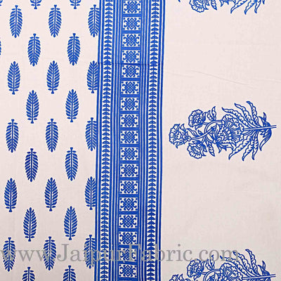 Double Bedsheet Blue Border White Base Small Leaf Print  With Two Pillow Cover