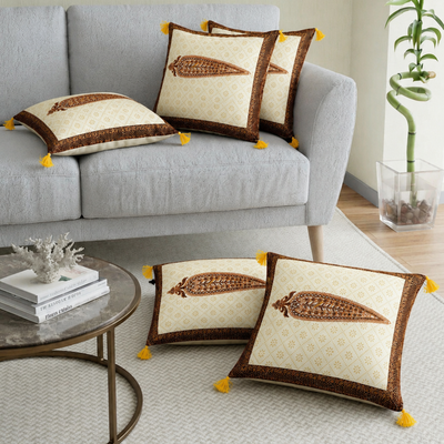 Cream Base Golden Leaves Brown Border   Cotton  Cushion Cover