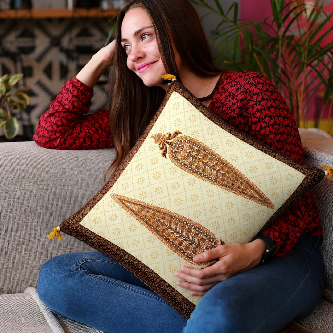 Cream Base Golden Leaves Brown Border   Cotton  Cushion Cover