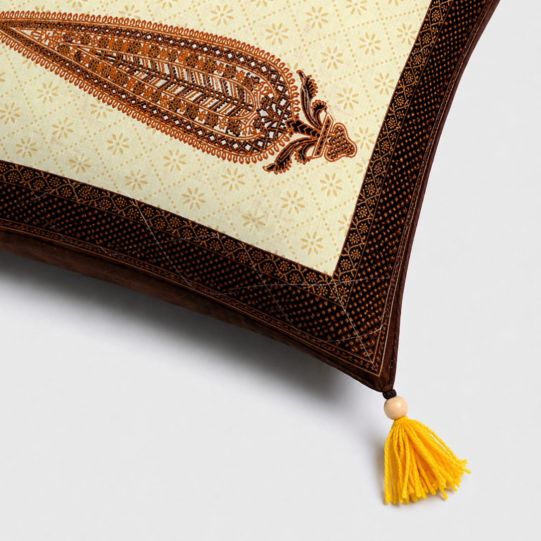 Cream Base Golden Leaves Brown Border   Cotton  Cushion Cover