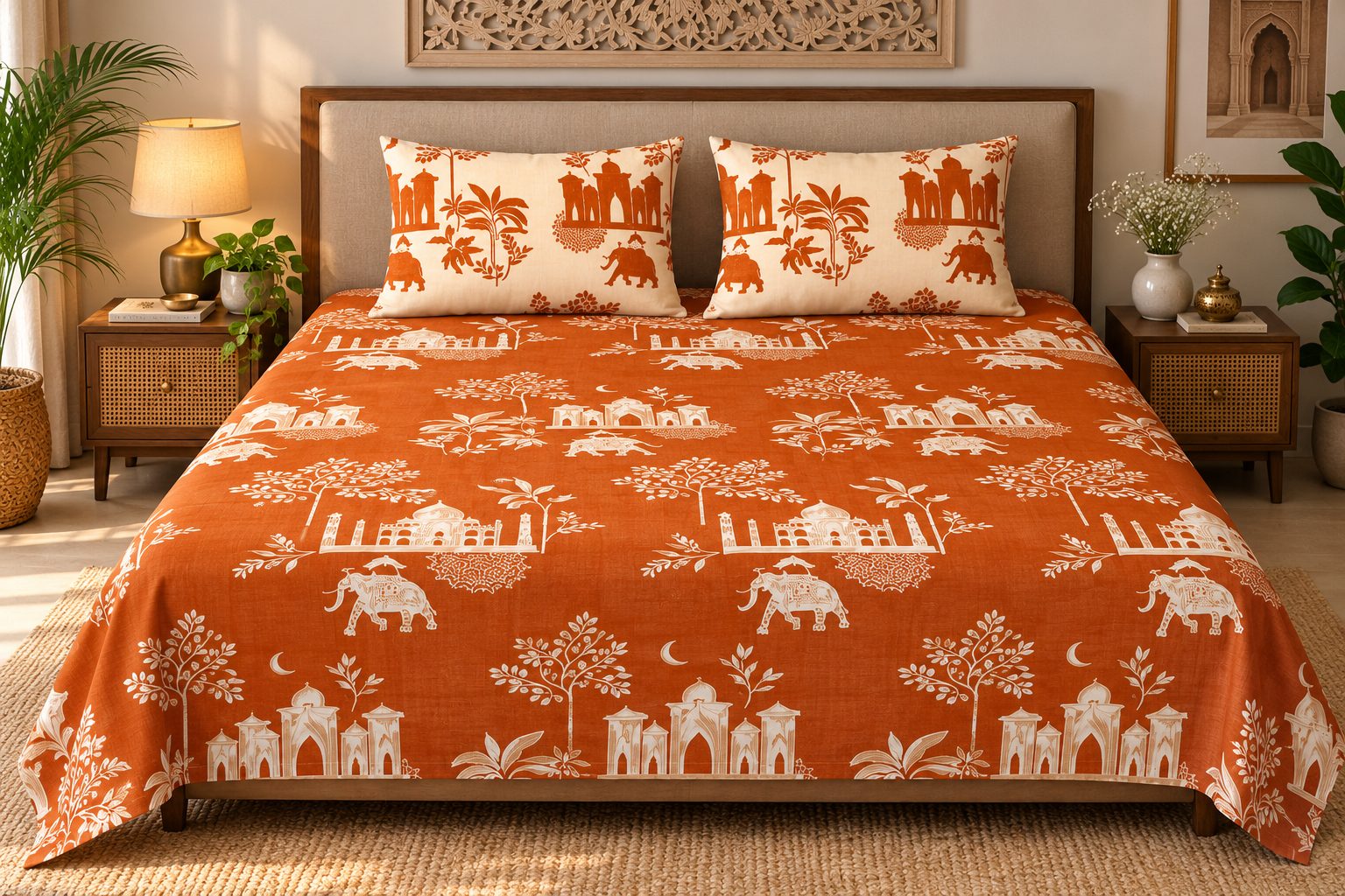 Royal Heritage terracotta bedsheet with two printed pillow covers, front view