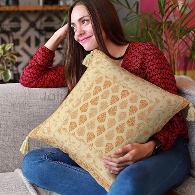 White Base Golden  Brown Print Cotton Cushion Cover