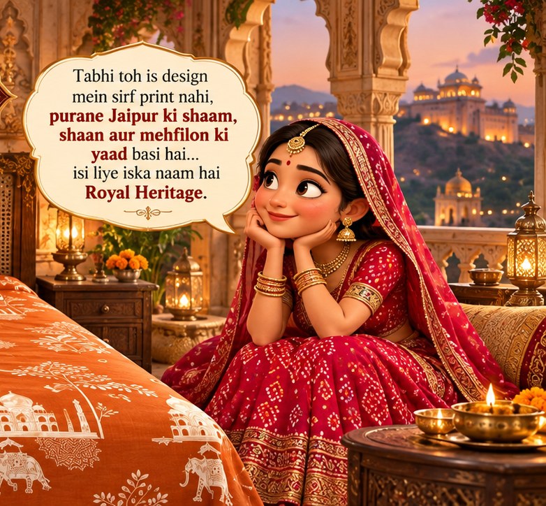 Maharani listening to the tale with Jaipur palaces at dusk