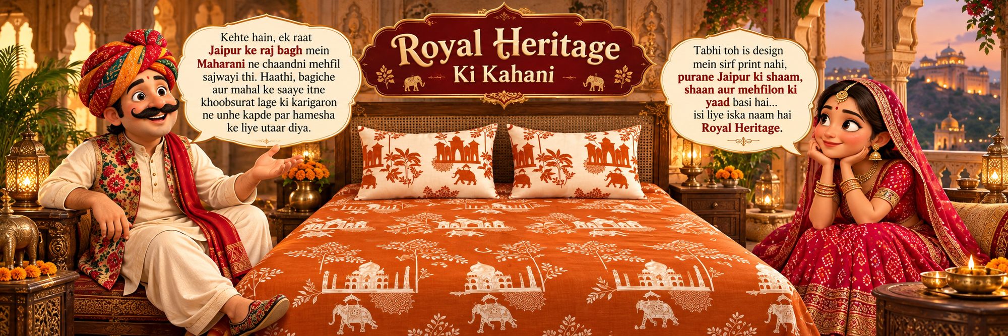 Royal Heritage Collection banner – Rajasthani storyteller couple beside the terracotta Royal Heritage bedsheet