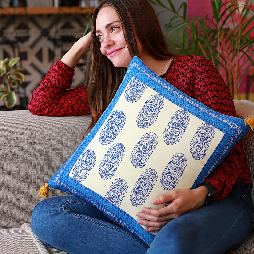 Blue Border Keri Block Print Cotton Cushion Cover