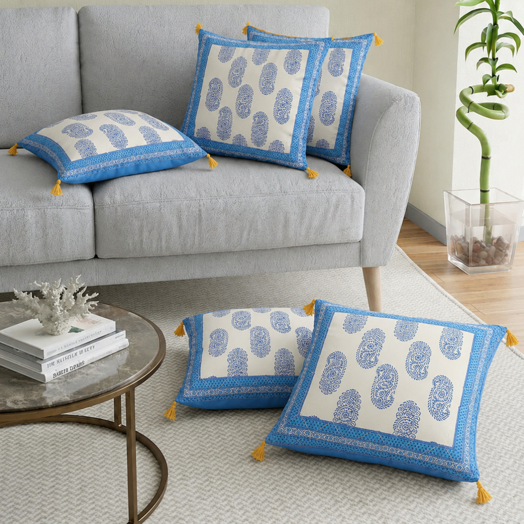 Blue Border Keri Block Print Cotton Cushion Cover