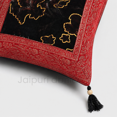 Brown Base Gota Work Red Border Floral Print Velvet Cushion Cover