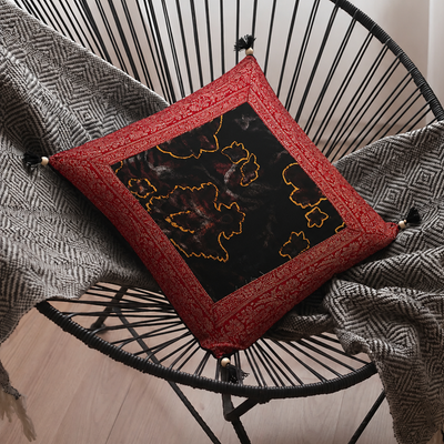 Brown Base Gota Work Red Border Floral Print Velvet Cushion Cover