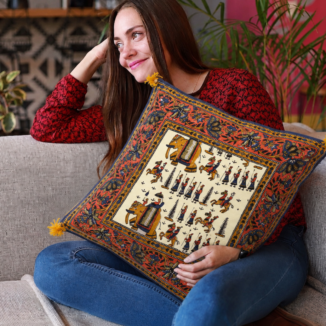Cream Base Orange Border Rajasthani Barat Print Cotton Cushion cover
