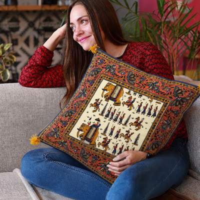 Cream Base Orange Border Rajasthani Barat Print Cotton Cushion cover