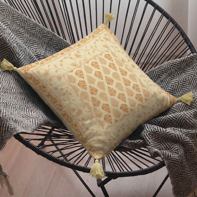 White Base Golden  Brown Print Cotton Cushion Cover