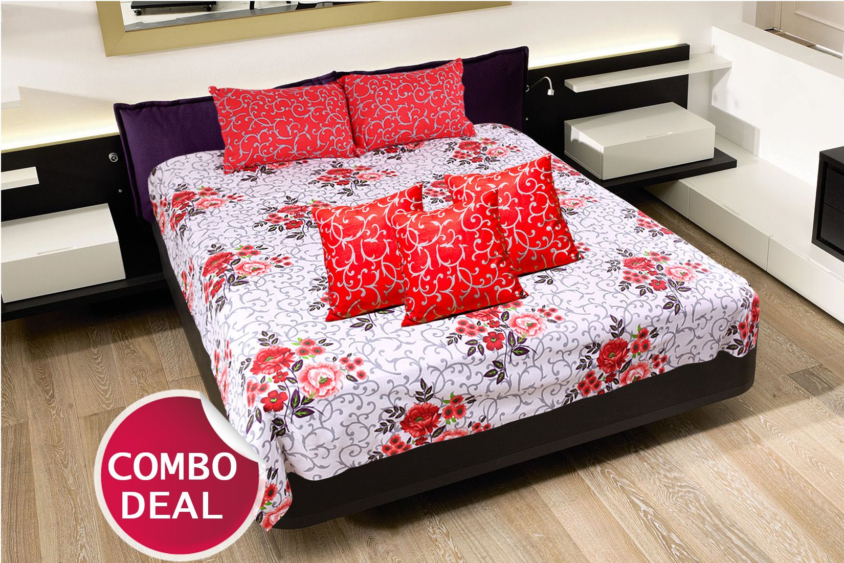 COMBO16- Set Of Double Bed Sheet and 3 Cushion Covers