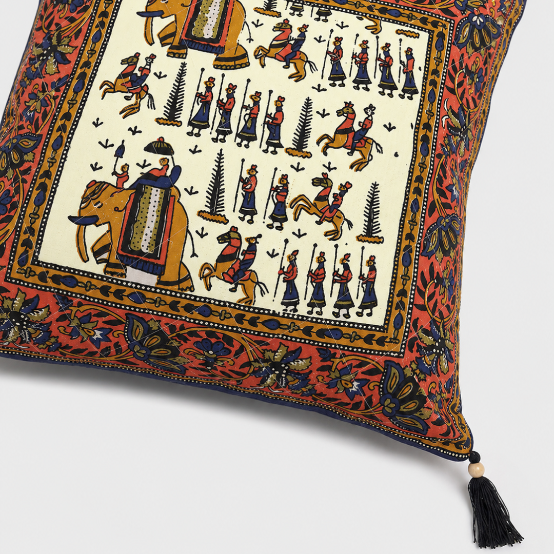 Cream Base Orange Border Rajasthani Barat Print Cotton Cushion cover