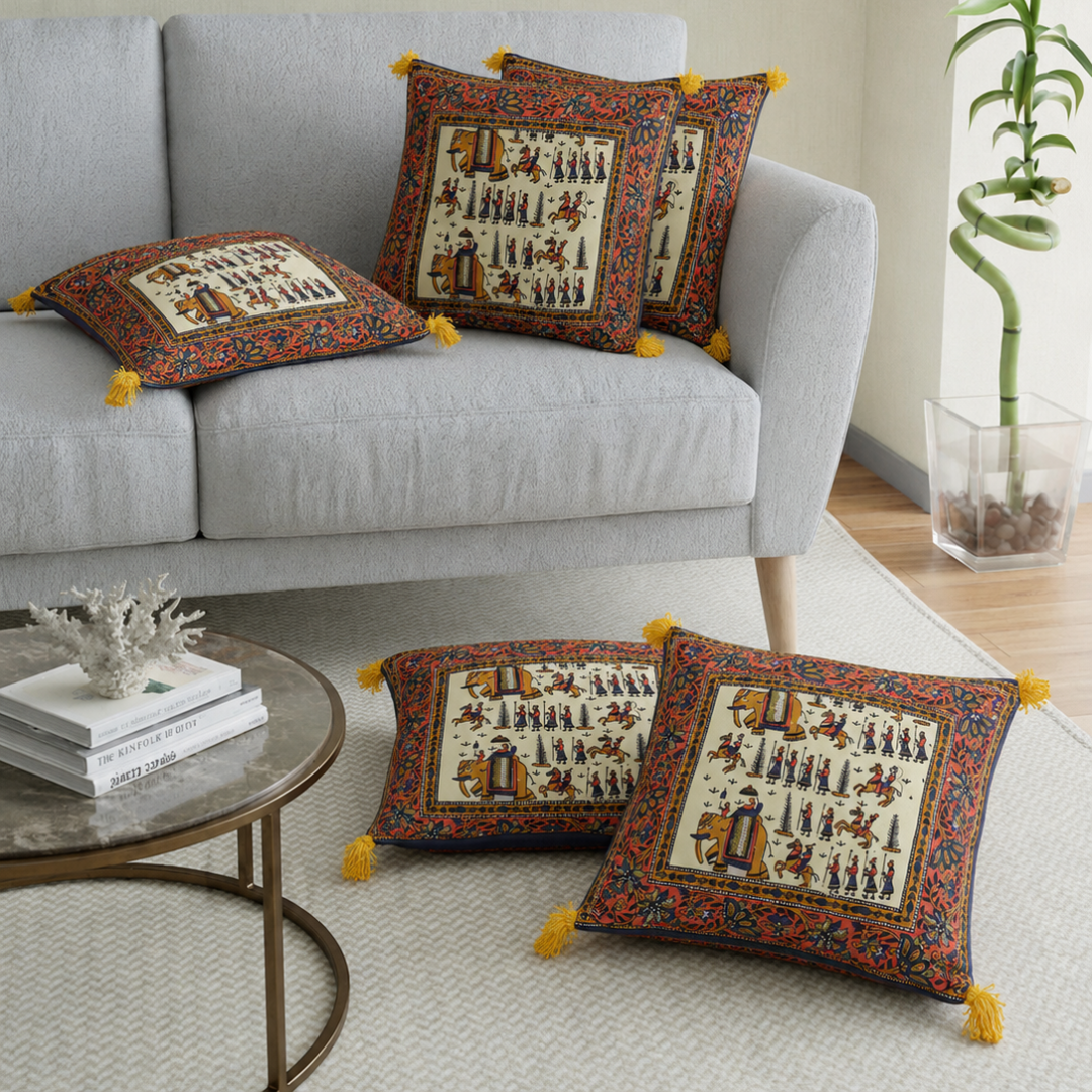 Cream Base Orange Border Rajasthani Barat Print Cotton Cushion cover