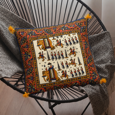 Cream Base Orange Border Rajasthani Barat Print Cotton Cushion cover