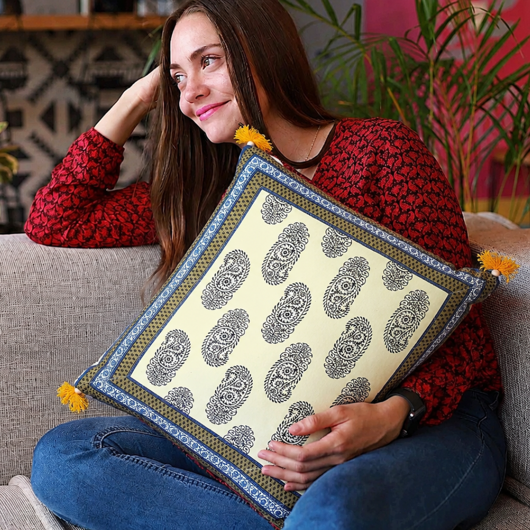 Moss Color Border Keri Block Print Cotton Cushion Cover