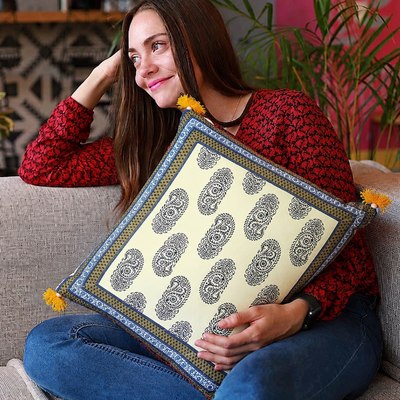 Moss Color Border Keri Block Print Cotton Cushion Cover
