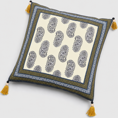 Moss Color Border Keri Block Print Cotton Cushion Cover