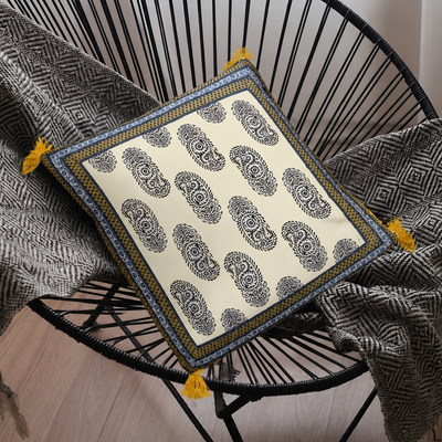 Moss Color Border Keri Block Print Cotton Cushion Cover