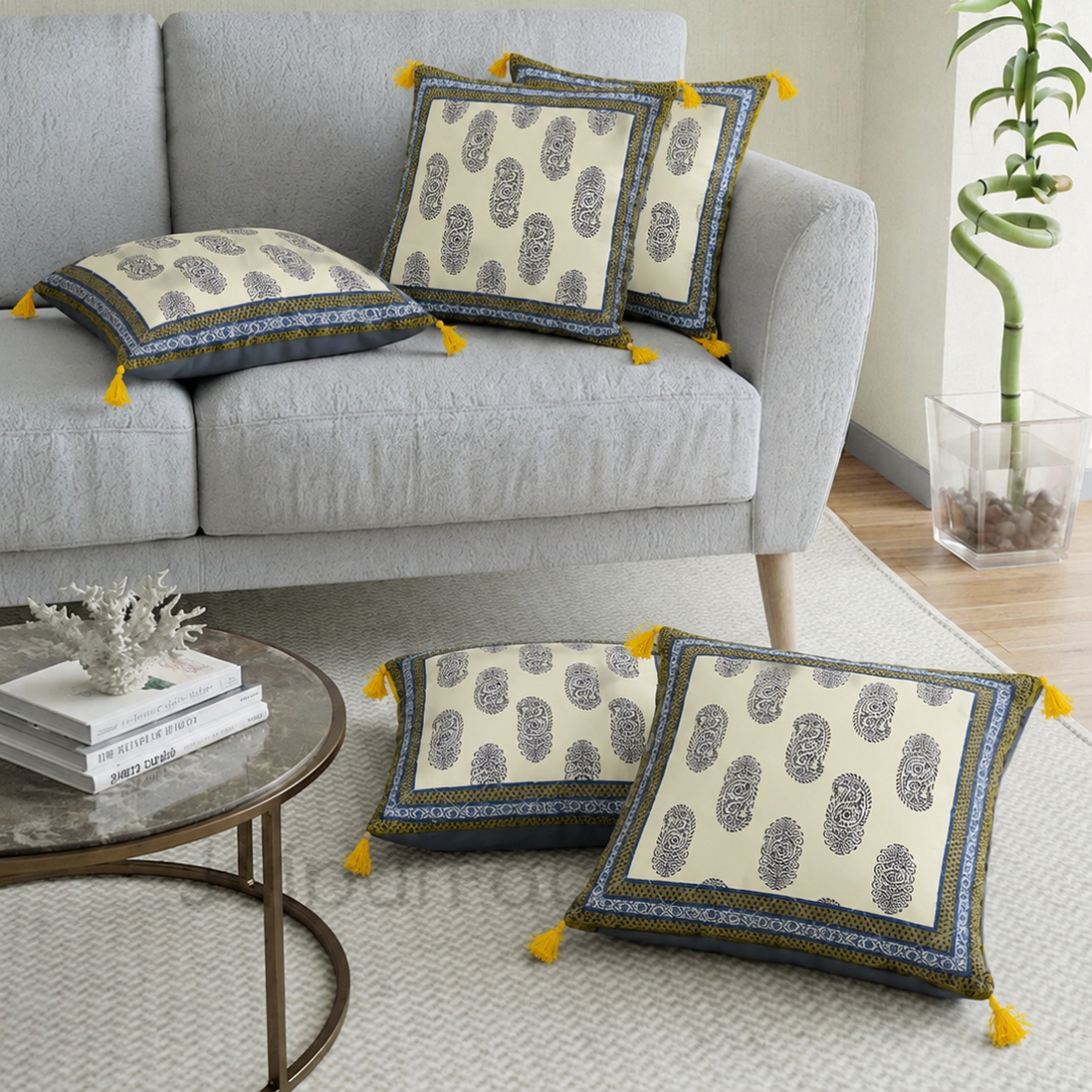 Moss Color Border Keri Block Print Cotton Cushion Cover