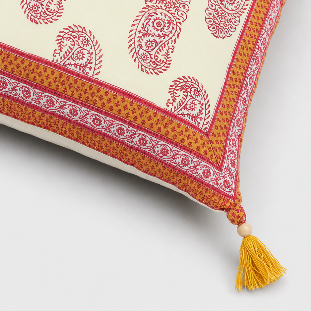 Orange Border Keri Block Print Cotton Cushion Cover