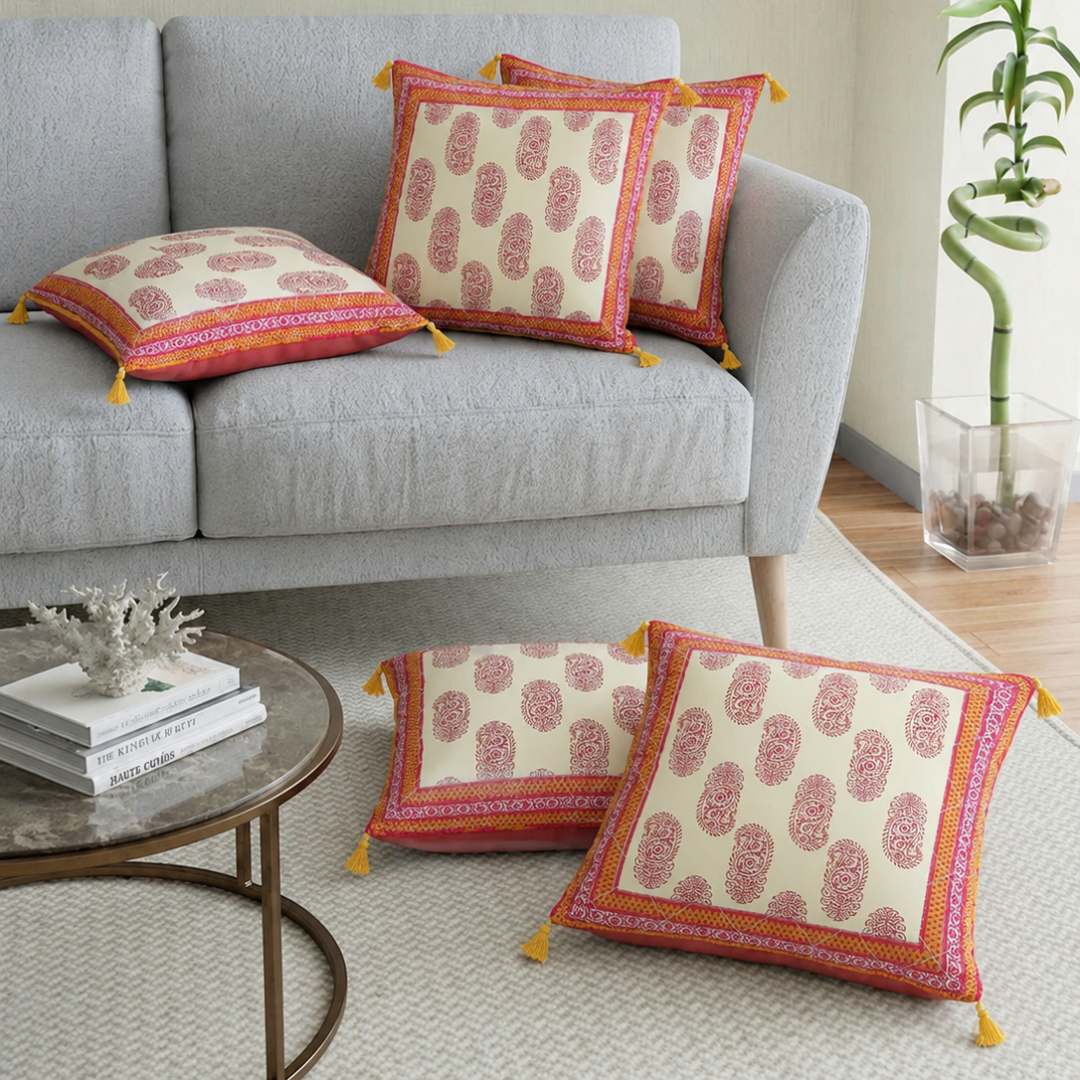 Orange Border Keri Block Print Cotton Cushion Cover