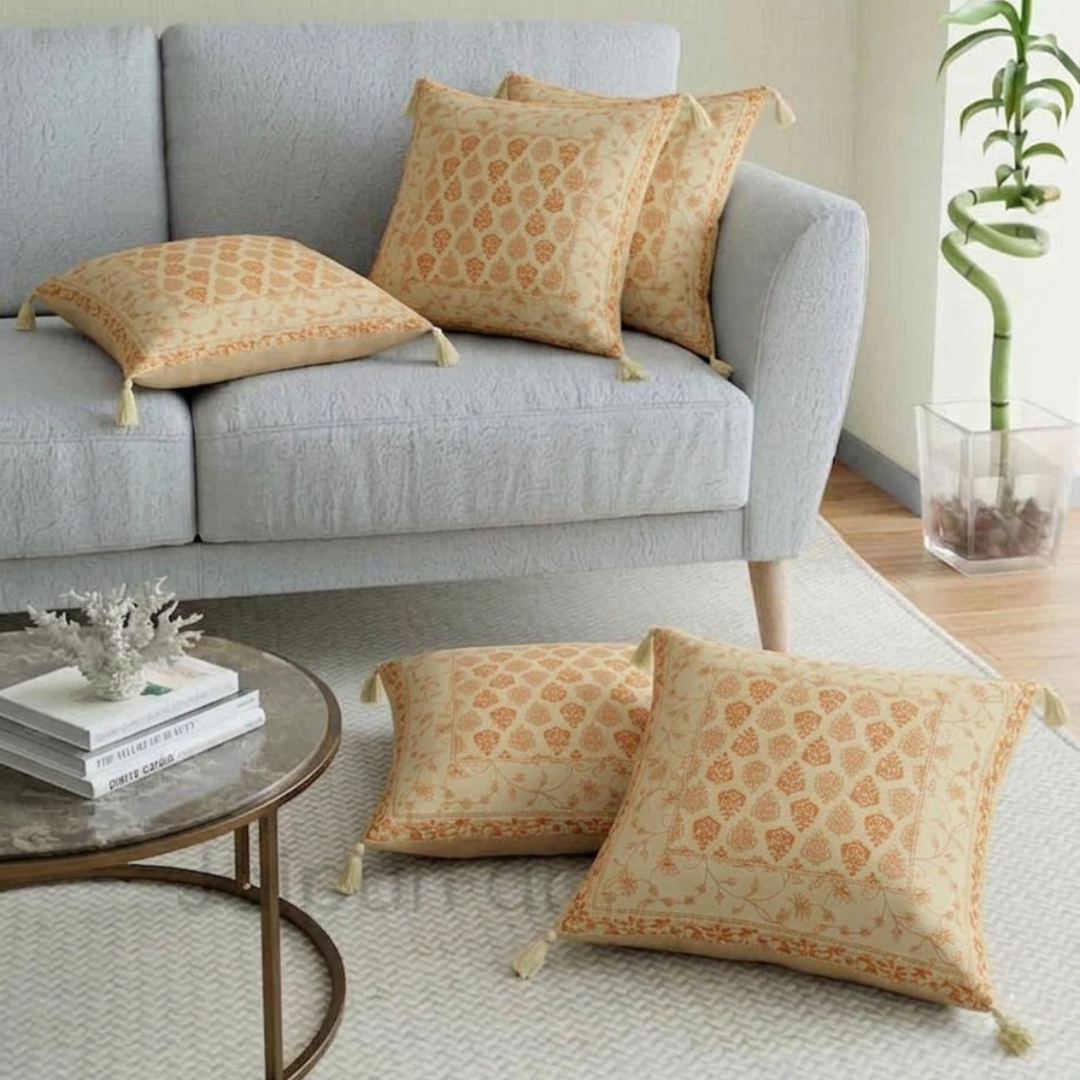 White Base Golden  Brown Print Cotton Cushion Cover