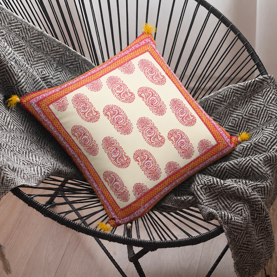 Orange Border Keri Block Print Cotton Cushion Cover