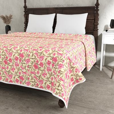 Pure Cotton Double Bed Dohar Anokhi Print – Kanaklata Vine Yellow & Pink