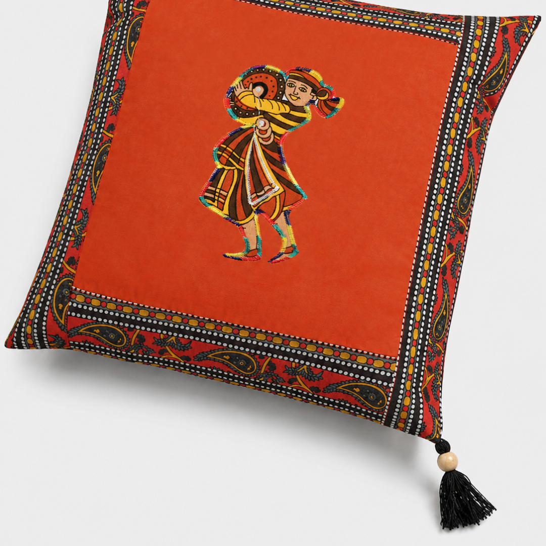 Applique Orange Chang Dance Jaipuri Hand Made Embroidery Patch Work Cushion Cover