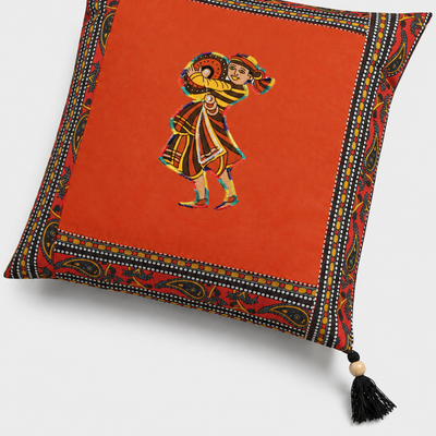 Applique Orange Chang Dance Jaipuri Hand Made Embroidery Patch Work Cushion Cover