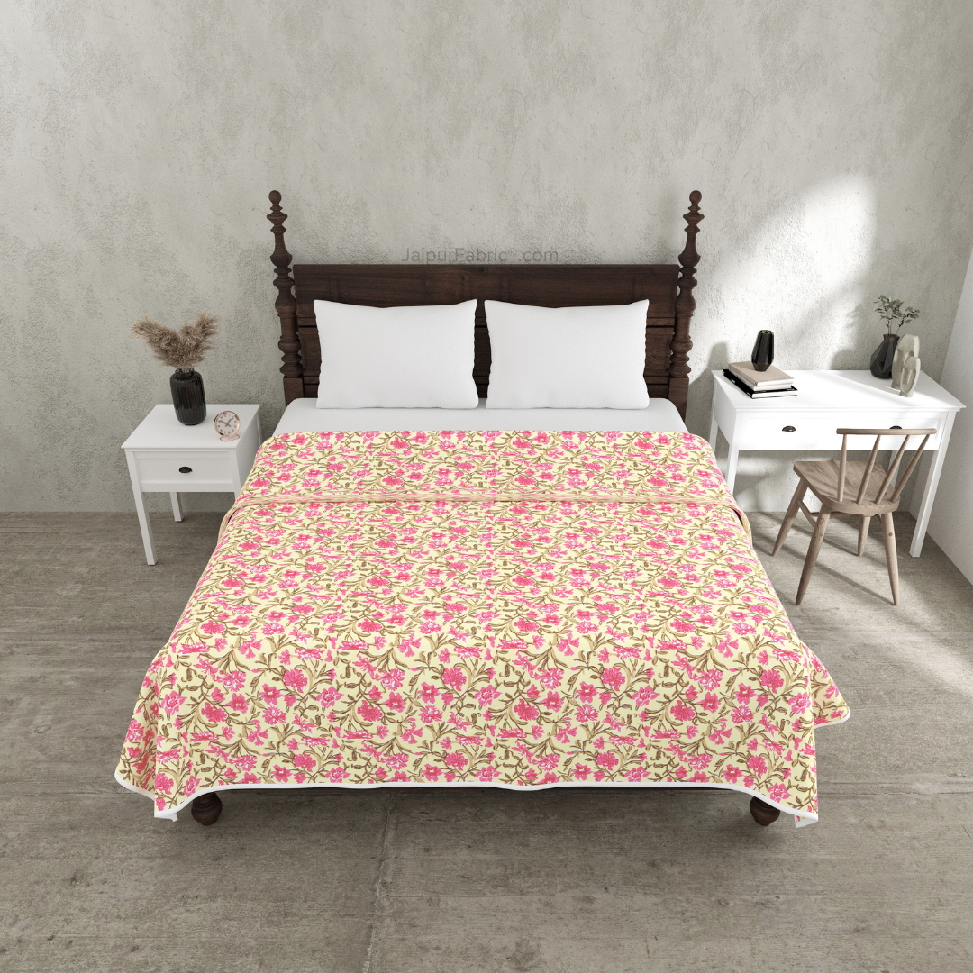 Pure Cotton Double Bed Dohar Anokhi Print – Kanaklata Vine Yellow & Pink