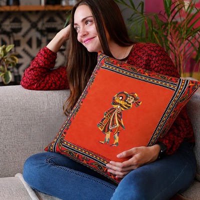 Applique Orange Chang Dance Jaipuri Hand Made Embroidery Patch Work Cushion Cover