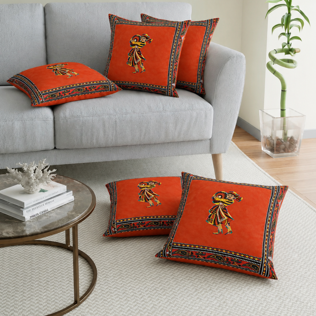Applique Orange Chang Dance Jaipuri Hand Made Embroidery Patch Work Cushion Cover