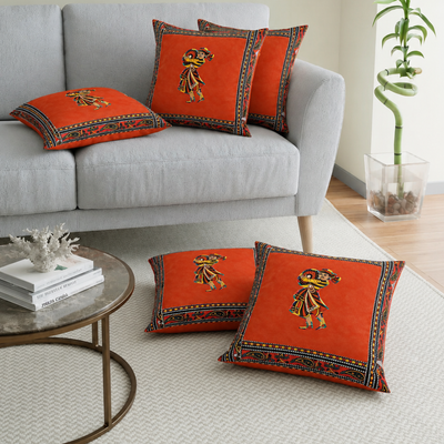Applique Orange Chang Dance Jaipuri Hand Made Embroidery Patch Work Cushion Cover