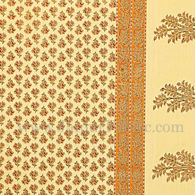 Orange Border Cream Base With booti Pattern With Golden Print Super Fine Cotton Double Bed Sheet