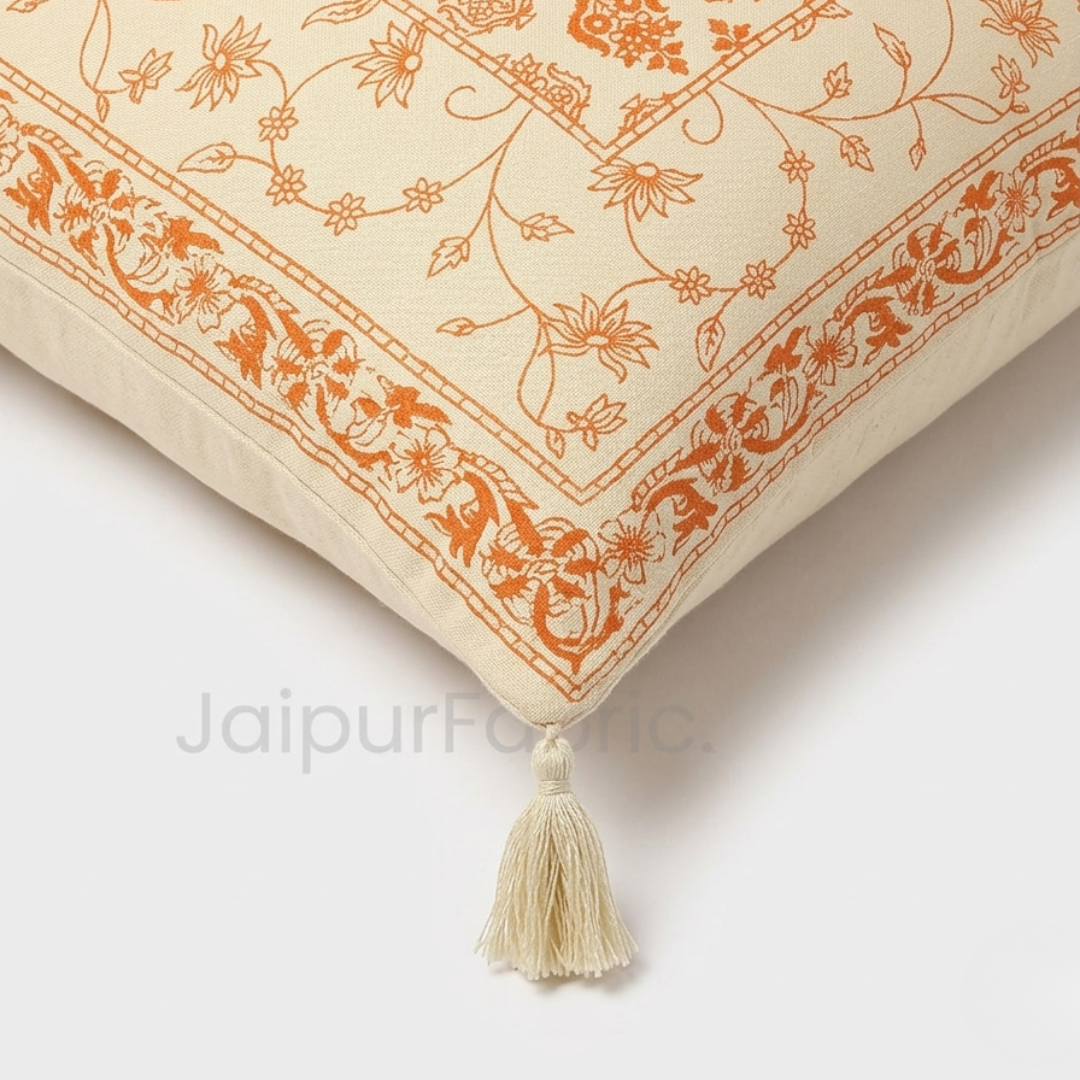 White Base Golden  Brown Print Cotton Cushion Cover