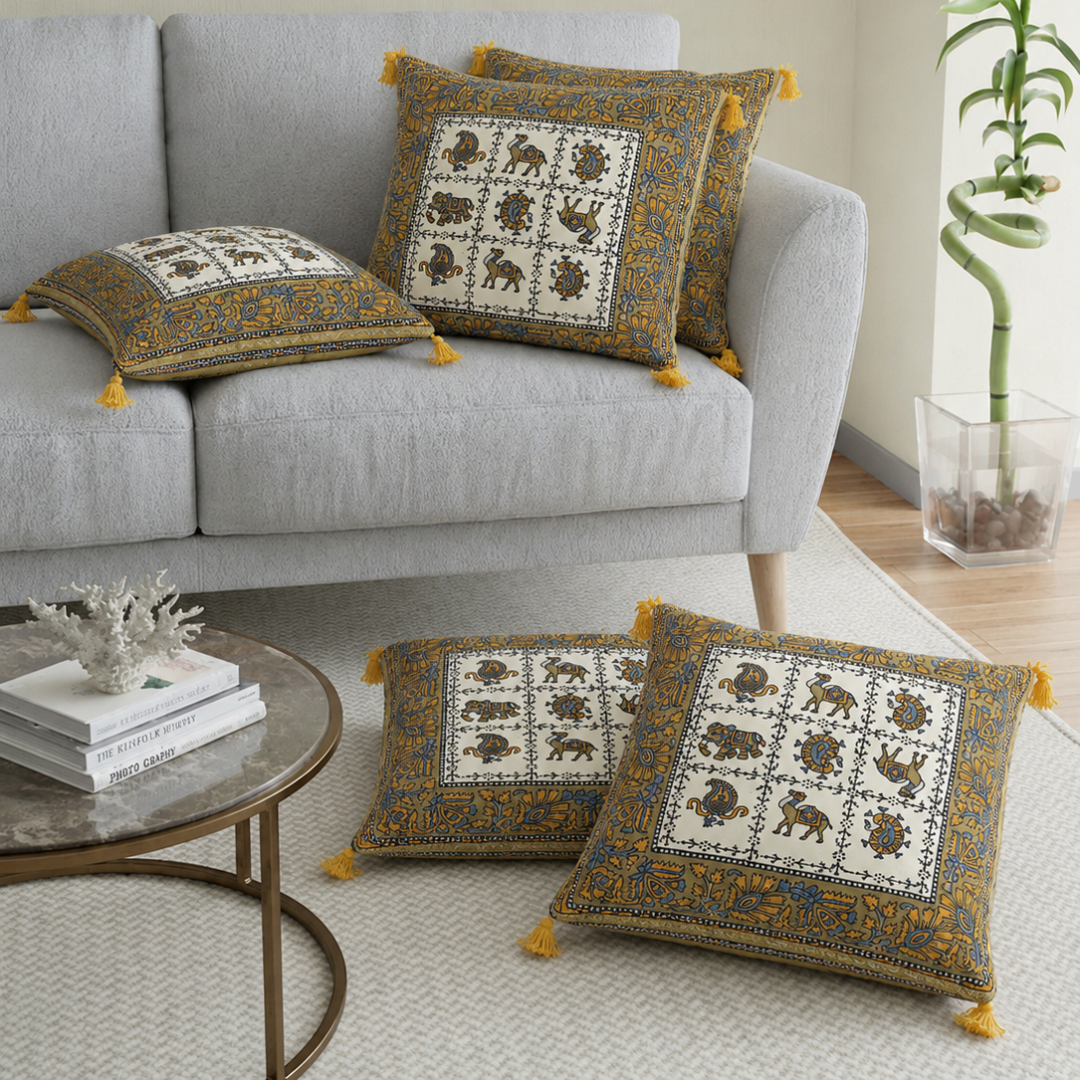 Green Border Block Cotton Cushion Cover