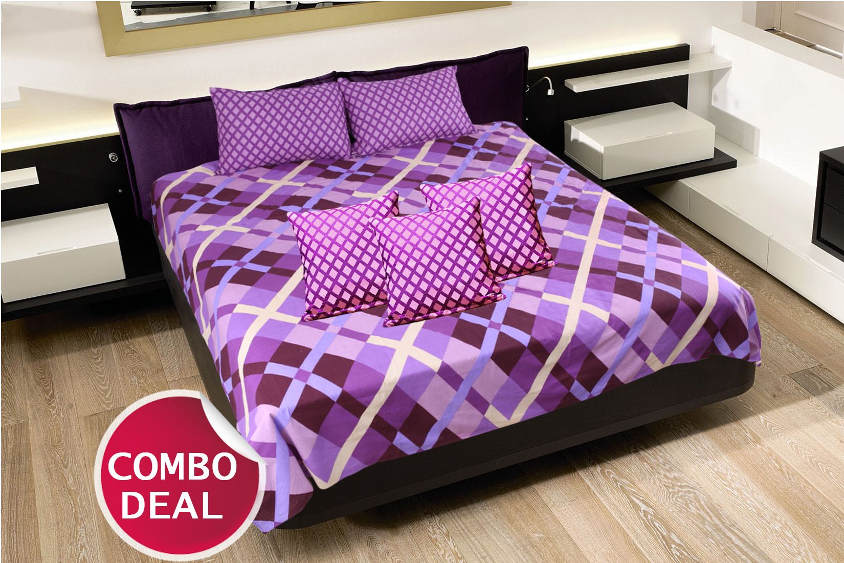COMBO19 - Set Of Double Bed Sheet and 3 Cushion Covers