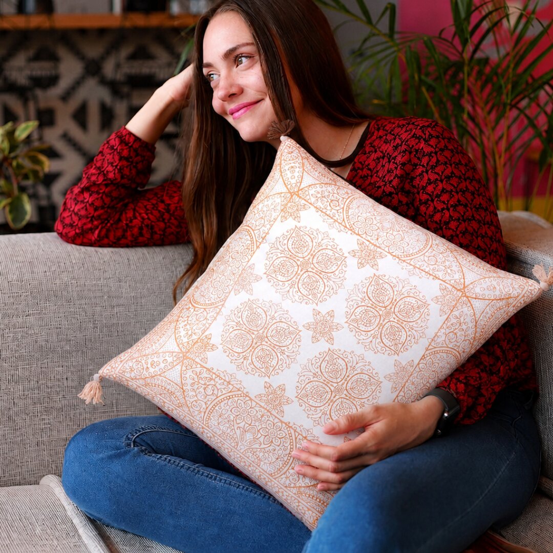 White Base Rangoli Pattern Cotton Cushion Cover