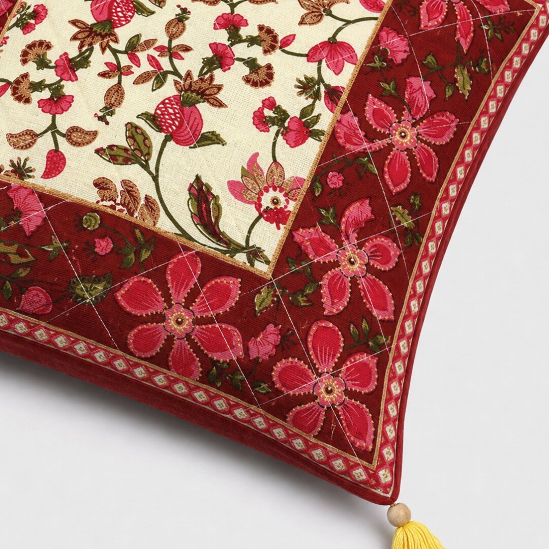 Maroon Base Pink Flower  Pattern Cotton  Cushion Cover