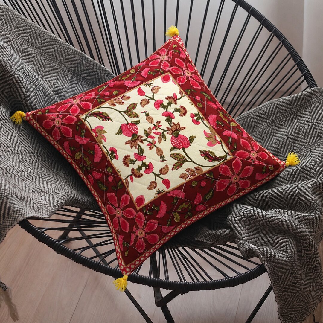 Maroon Base Pink Flower  Pattern Cotton  Cushion Cover