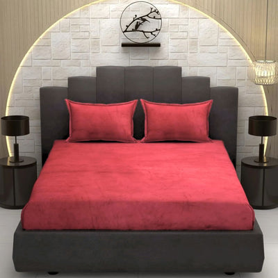 Red Super Soft Velvet Double Bedsheet with Matching Pillow Covers