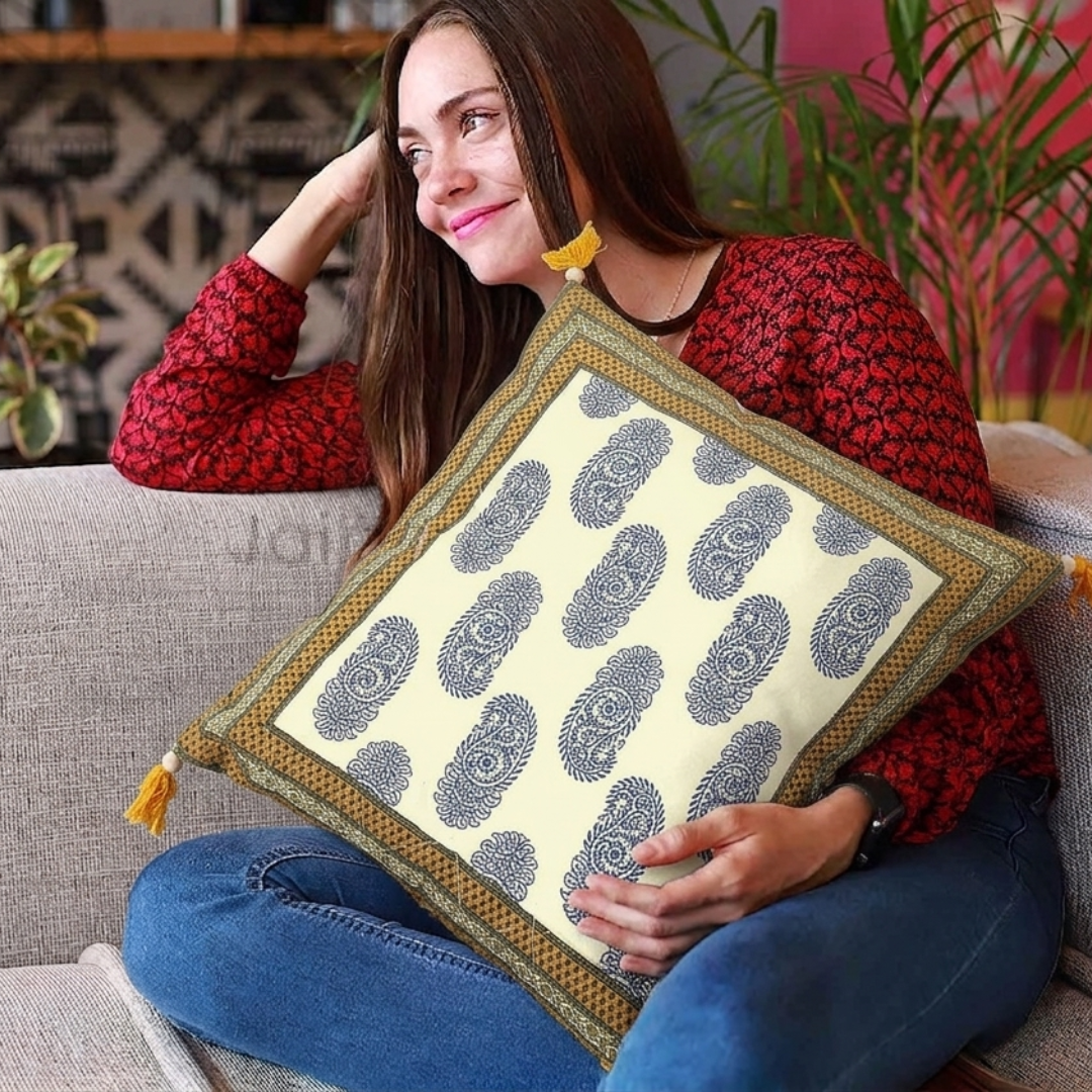Olive Color Border Keri Block Print Cotton Cushion Cover