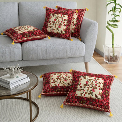 Maroon Base Pink Flower  Pattern Cotton  Cushion Cover