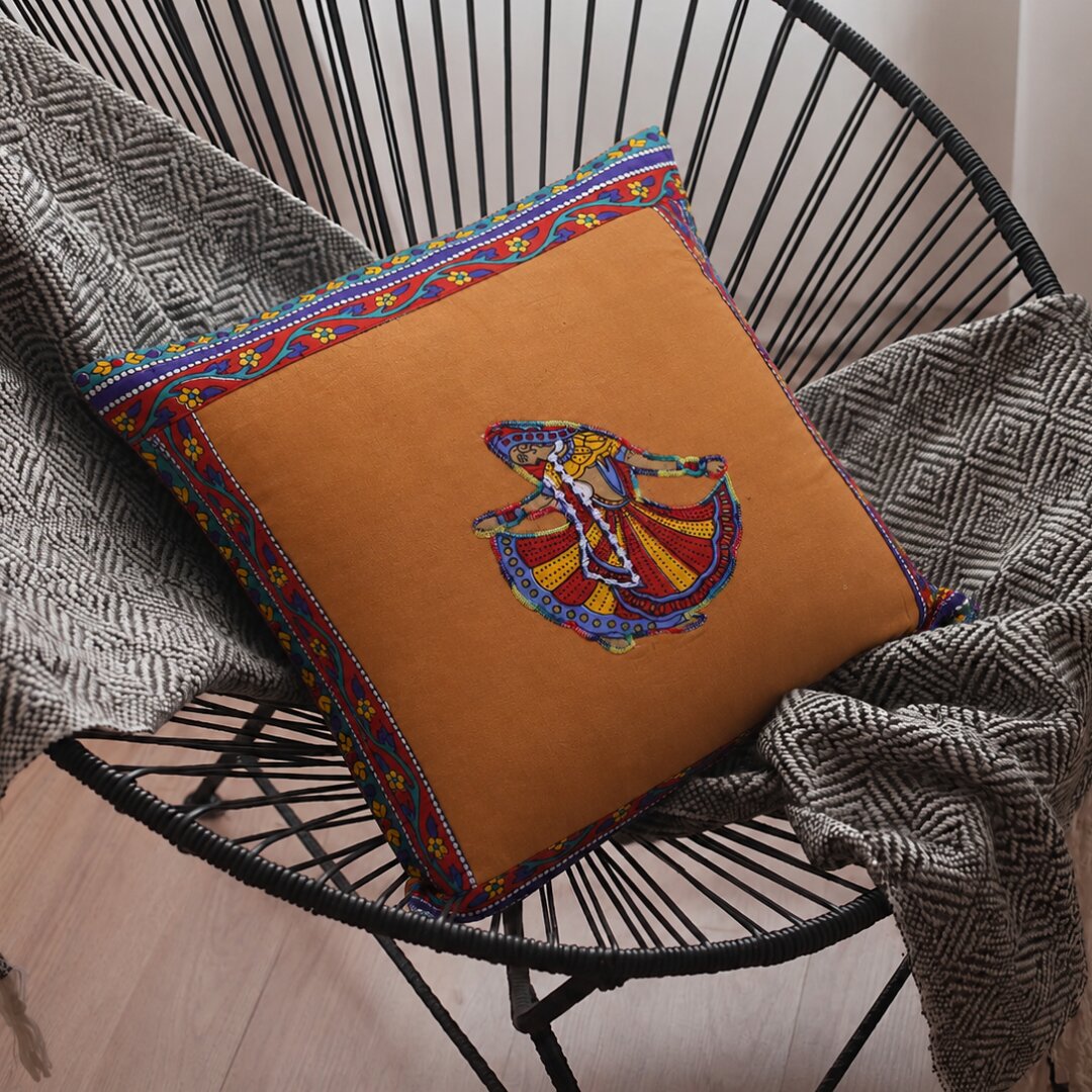 Brown Color Ghoomar Patch Work Cotton Cushion Cover