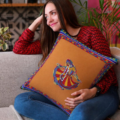 Brown Color Ghoomar Patch Work Cotton Cushion Cover