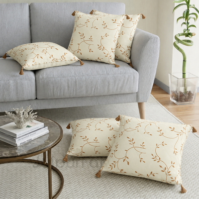 Cream Base Golden Leaf  Print Cotton Cushion Cover