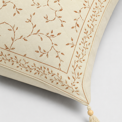 Cream Base Golden Leaf  Print Cotton Cushion Cover